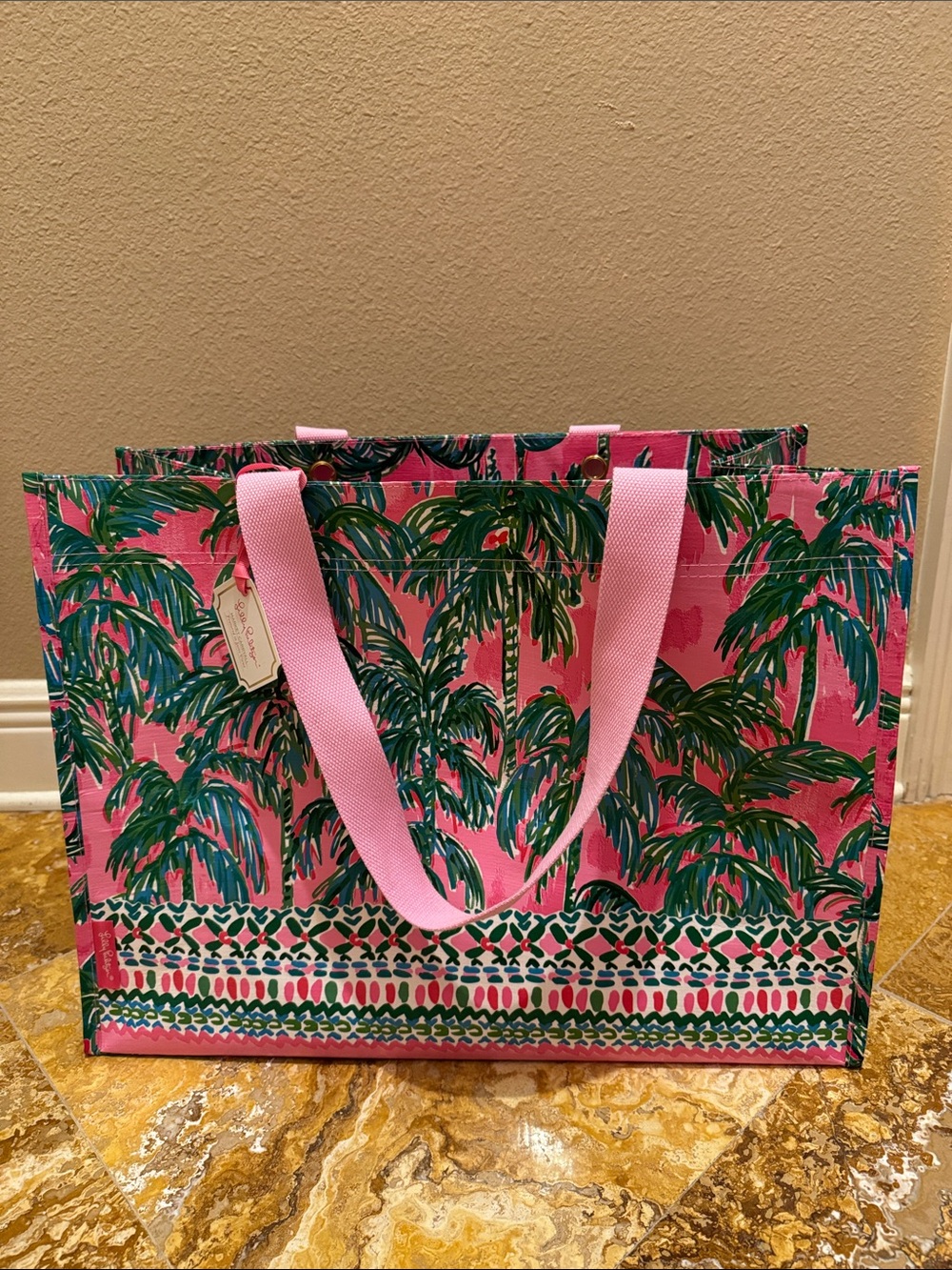 Lilly Pulitzer Pink Palm Print Tote with Green Palm Motif